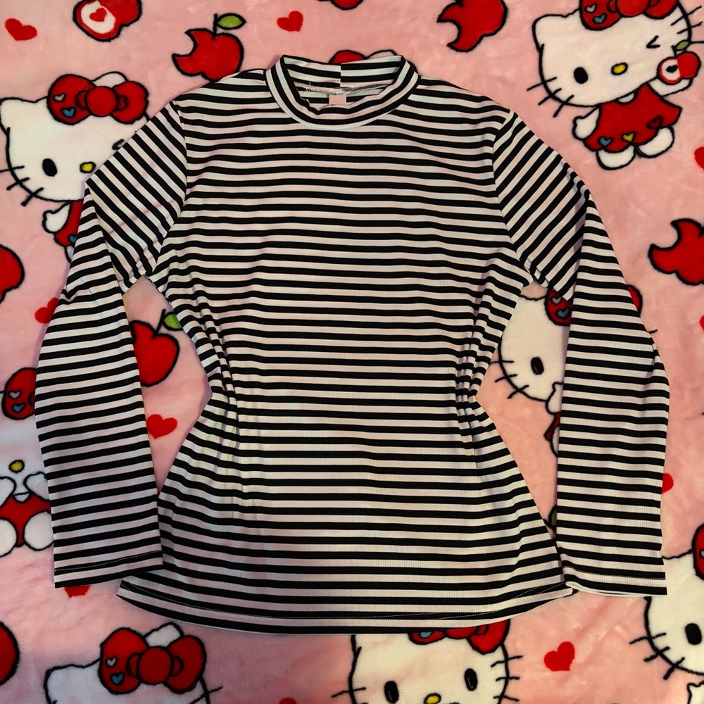 Long Sleeve High Neck Black and White Striped Top